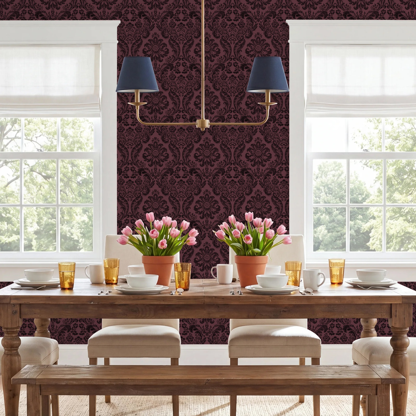 Melvin Damask Wallpaper, Merlot