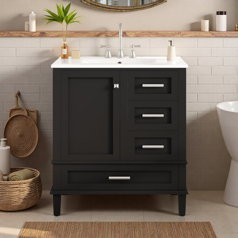 Meuble-lavabo de 76 cm (30 po), meuble-lavabo moderne avec lavabo intégré, meuble de rangement avec 1 porte et 3 tiroirs à fermeture amortie, structure en bois massif