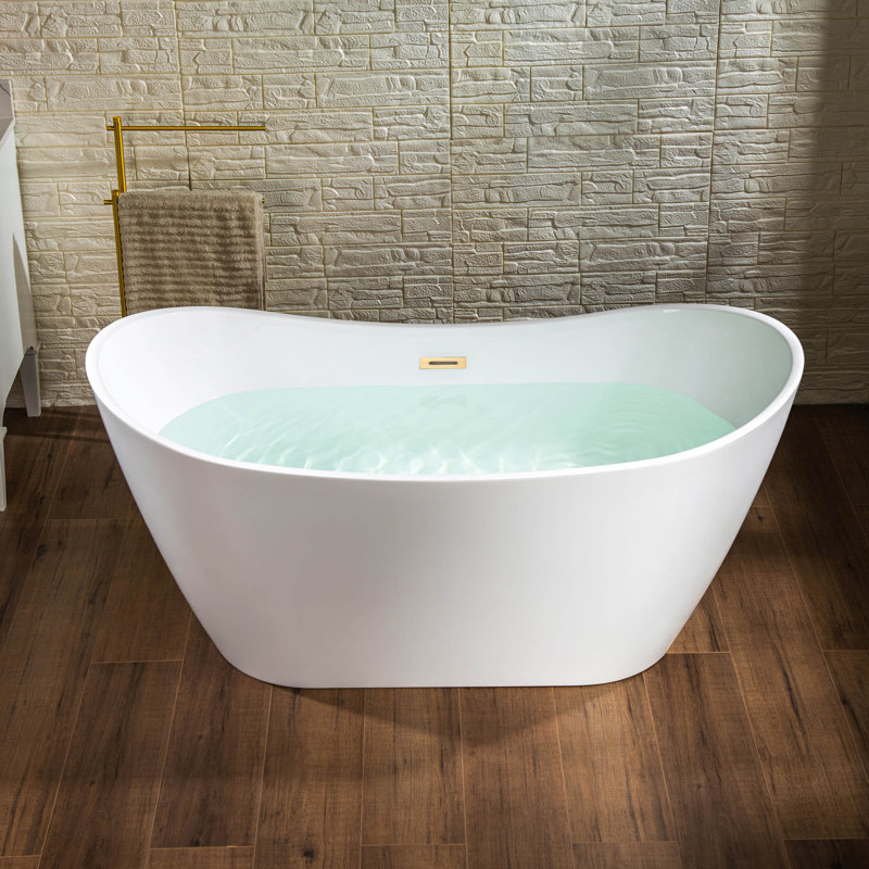 59'' x 28.75'' Freestanding Soaking Acrylic Bathtub, White/Brushed Gold