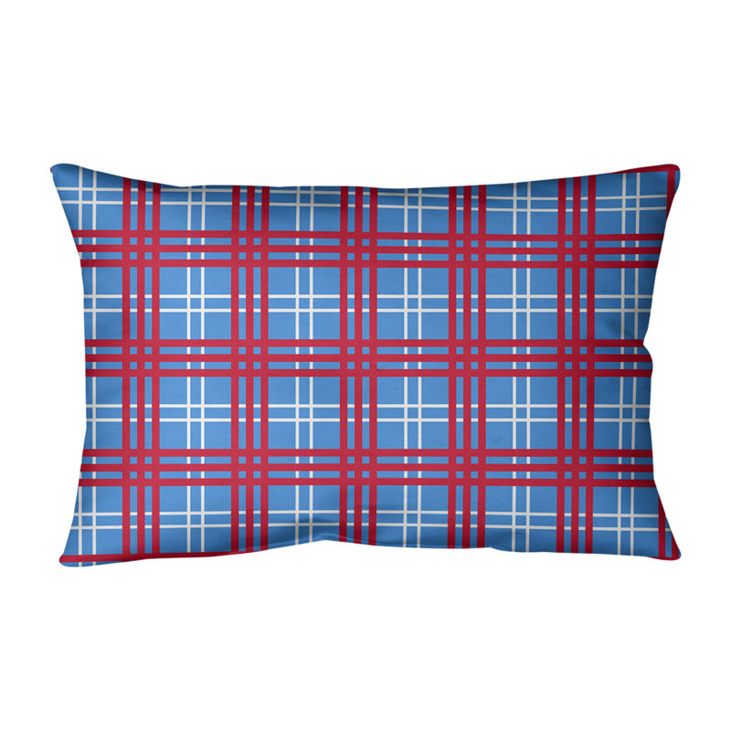 Plaid Leather/Suede Reversible Throw Pillow, Light Blue/White/Red, Linen