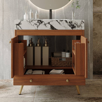 Mid-Century  Free-standing Bathroom Vanity with Faux Marble Top & Ceramic Sink, 30" Double Door Storage Cabinet, Waterproof Engineered Wood, Gold Legs