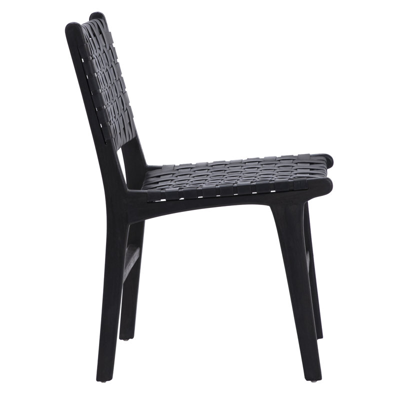 Dale Top Grain Woven Leather with Teak Frame Dining Side Chair, Antique Black Leather, Black Frame