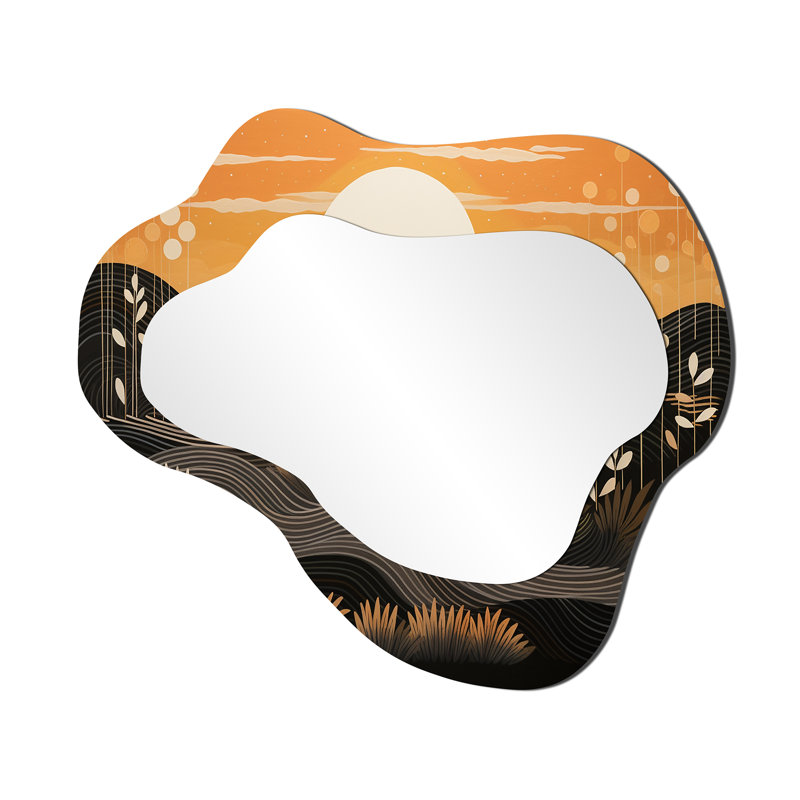 Pleine lune blanche sur le bord de la mer - grand miroir côtier, décor de miroir mural asymétrique orange, impression d'art en métal