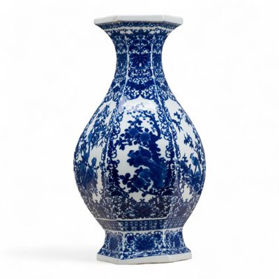 Hexagonal Porcelain Vase with Floral and Bird Motif Blue and White