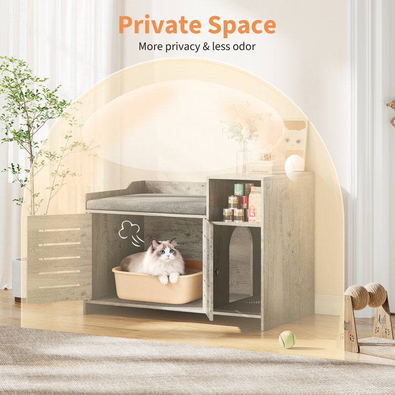 Enceinte cachée pour litière pour chat, meuble pour chat avec tablette de rangement pour chambre à coucher, Gris
