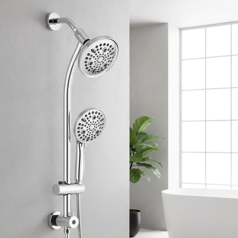 Ensemble de douche à double pommeau haute pression, pommeau de douche effet pluie avec douchette à main, barre de douche coulissante sans perçage de 66 cm, flexible de 1,5 m et inverseur à 3 voies, chromé, robinetterie non incluse