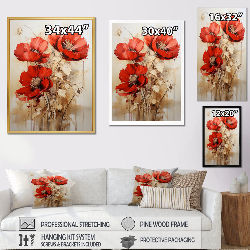 «Poppies Scarlet Solitude», reproduction d'art sur toile, Toile tendue, H 20 po x l 12 po x P 1 po