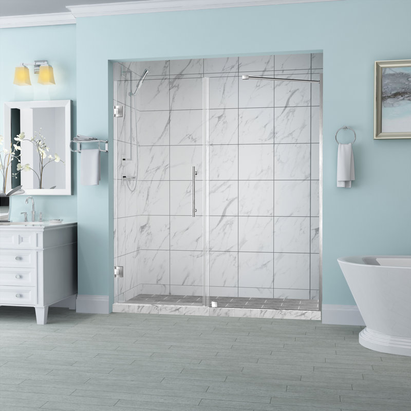 Belmore 66 x72 Hinged Frameless Shower Door, Stainless Steel, Clear