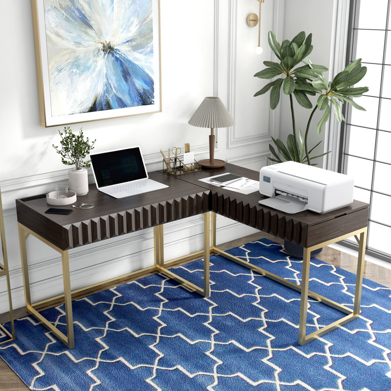 Livengood 56.75"W L-Shaped Writing Desk Set with Power Outlet, Walnut/Gold