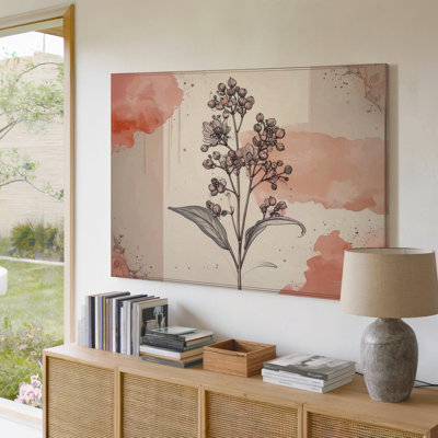 Toile rosée, dessin au trait botanique, brin floral minimaliste avec décorations aquarelles, prêt à accrocher