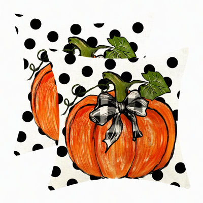 Autumn Harvest Polka Dot Pillow Covers - Set of 2, Orange Pumpkin Pattern Throw Pillows - Linen Decorative Cushion Covers for Fall Thanksgiving Decor