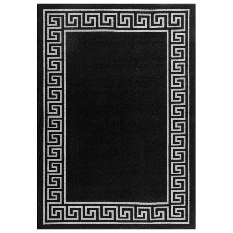 Greek-Key Black Grey Non-Slip Polypropylene Area Rug — Washable Door Mat & Hallway Runner for Living Room, Kitchen & Bedroom