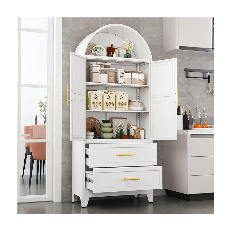 73" Metal Arched Display Cabinet with 2 Drawers, Tall Bookcase 2-Tier Storage Pantry Cabinet with 2 Adjustable Shelves for Collectibles, Glass Display Black