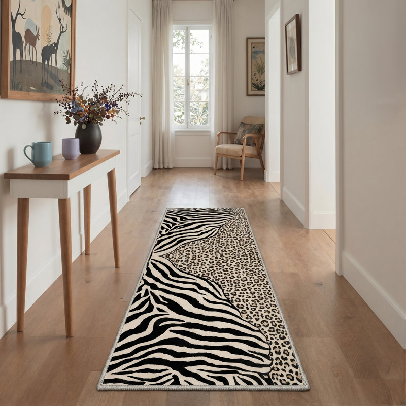 Tapis zèbre et léopard à imprimé animal lavable à la machine noir et beige avec envers antidérapant, Runner 2' x 6'