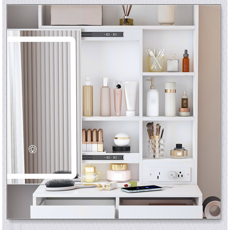 Bureau de maquillage compact avec lumières DEL réglables, prises de courant intégrées et rangement dissimulé pour les petites chambres