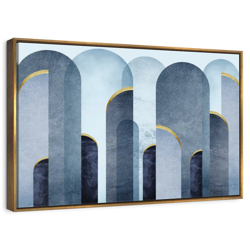 Arches bleu Mid-Century, Cadre flottant doré, 40 po x 27 po