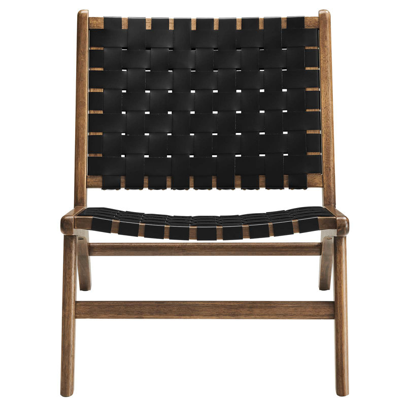 Saoirse Faux Leather Wood Accent Lounge Chair, Walnut, Light Black Faux Leather