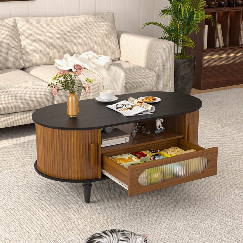 Table basse cannelée avec rangement, table basse ovale avec porte coulissante et tiroir, Noir