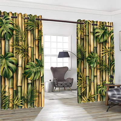 2PCS Grommet Top Tropical Bamboo Leaf Botanical Garden Printed Curtain Drapes, Thermal Insulated Heat Blocking Noise Reducing Blackout Room Darkening Curtains with Privacy Protection, Indoor Window Panels for Bedroom Living Room