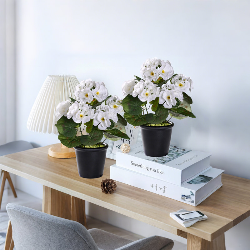 2 pots de fleurs artificielles pour l'extérieur, géraniums artificiels en plastique, plante artificielle pour l'extérieur