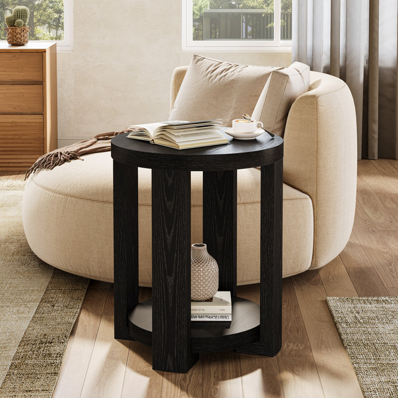 Round Side Table, 2-Tier End Table For Living Room, Black