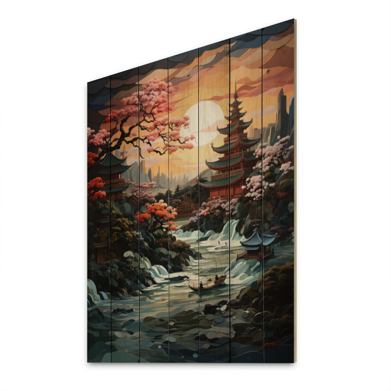Art asiatique, paysage de palais de jade, impression sur bois naturel, H 20 po x l 10 po x P 0,78 po
