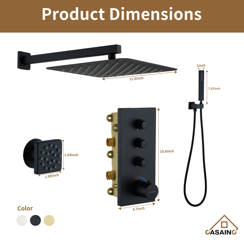 3 Functions 12 Inch Wall Mount Thermostatic Shower System with 6 Body Jets, Matte Black