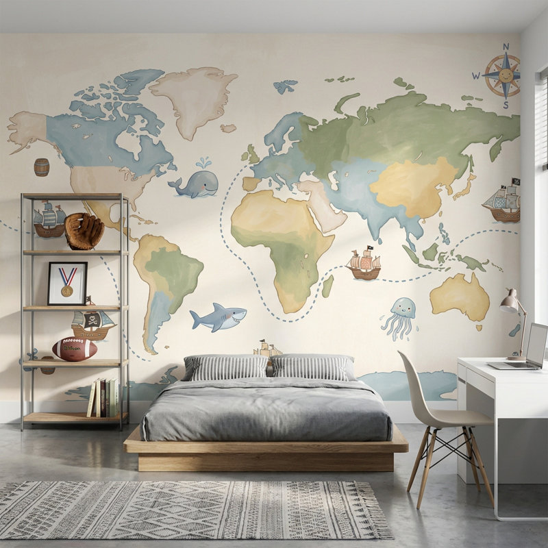 Papier peint carte du monde océan, décoration murale nautique, 200 po x 120 po, Texturé non collé