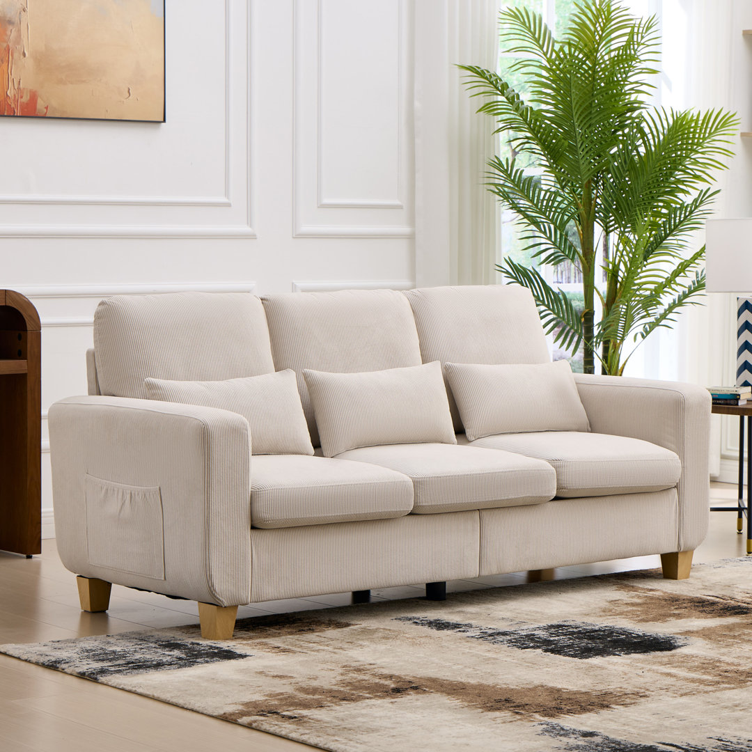 3-Seater Corduroy Sofa with 2 Throw Pillows, Deep-Seated Upholstered Couch with Square Arms, Cosy Living Room Furniture