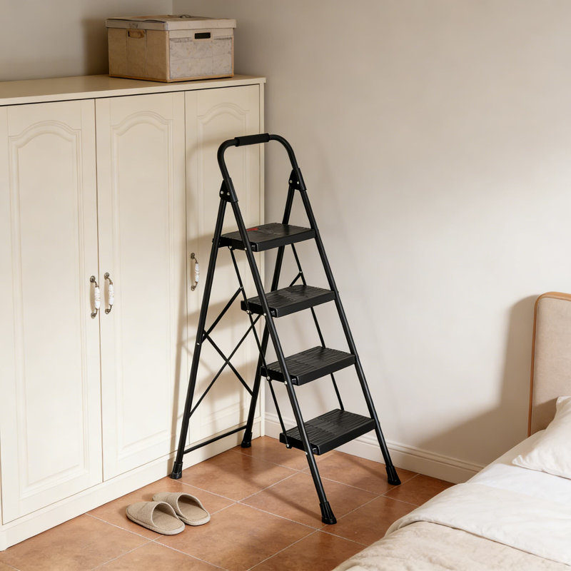 Échelle pliante à 4 marches avec rampe de sécurité, pédales larges antidérapantes et conception verrouillable sécurisée, escabeau en acier robuste pour la maison, le bureau et l'atelier