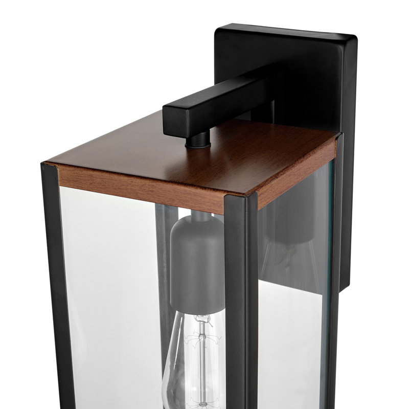 Lanterne murale d'extérieur à 1 ampoule Malak, Noir mat avec détails en faux bois