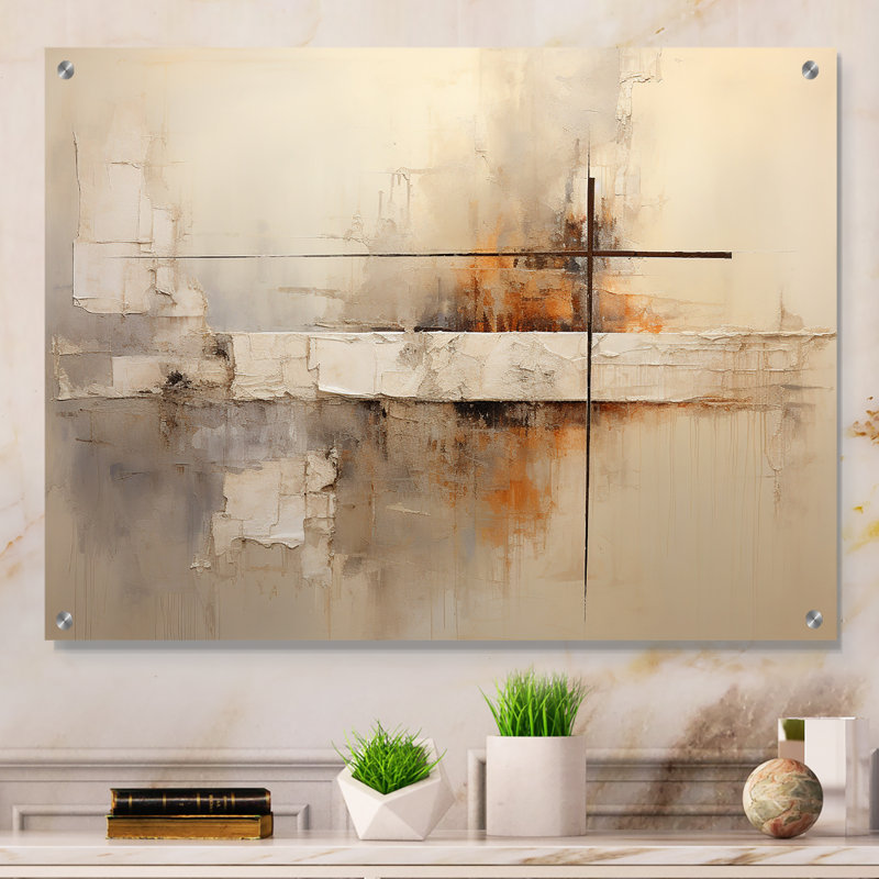 «Beige Christianity Cross» par Jessus I - art mural acrylique Christianisme, H 30 po x l 40 po