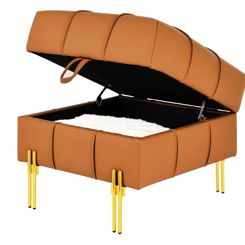 22 Inches Scratch Leather For Entryway - Pet- Storage Bench In Orange With Golden Stainless Steel Legs Orange, Alluring