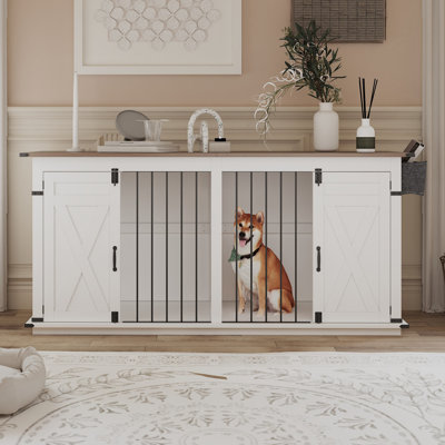 Large Dog Crate Furniture for 2 Dogs, Extra-Large Indoor Dog House with Partition, 1 Storage Bag, Farmhouse Style Cage