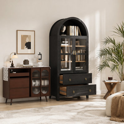 Grand garde-manger arqué de 71 po avec 2 grands tiroirs, armoires de cuisine de style campagnard moderne avec tablettes réglables, porte vitrée, armoire de cuisine polyvalente en bois pour la cuisine, salle à manger, noir