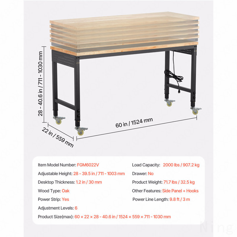 Workbench On Wheels Adjustable Height Table With Power Outlet & Pegboard, 28" H x 60" W x 22" D