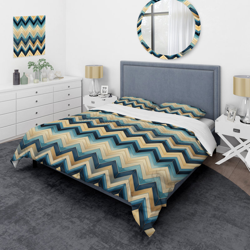 Ensemble de housse de couette géométrique Coastal Blue And Beige Chevron Geometric