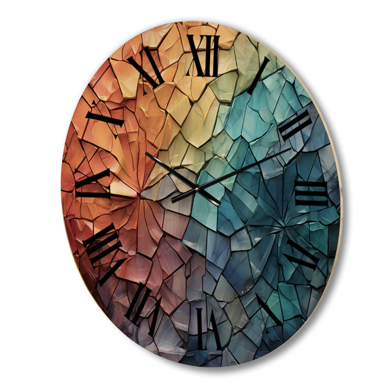 Horloge murale surdimensionnée en bois coloré à mosaïques colorées II, Petit