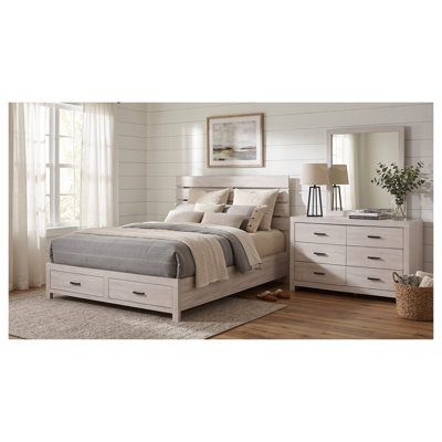 Ensemble de chambre à coucher Kingsley Coastal blanc, format King, 3 pièces, avec lit de rangement, commode et miroir.