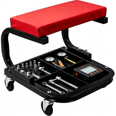 Heavy Duty Rolling Mechanic Creeper Seat with Wheels – 250 lbs Capacity, Padded Garage Shop Stool with Tool Tray, Black and Red