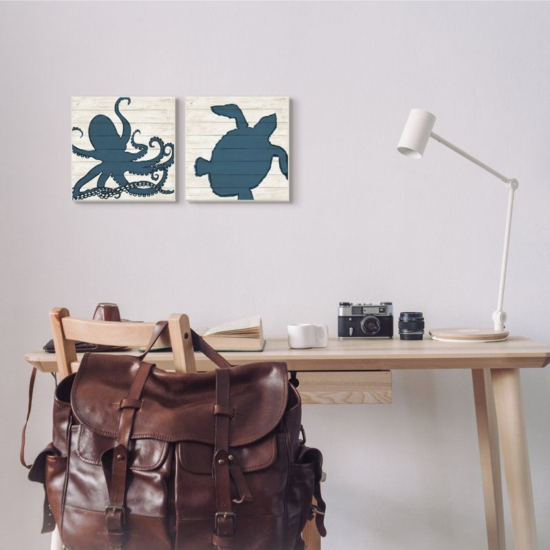 " Nautical Blue Silhouette Octopus Sea Turtle Aquatic Animals " 2 - Pieces, Wall Plaque, 12" H x 12" W x 0.5" D