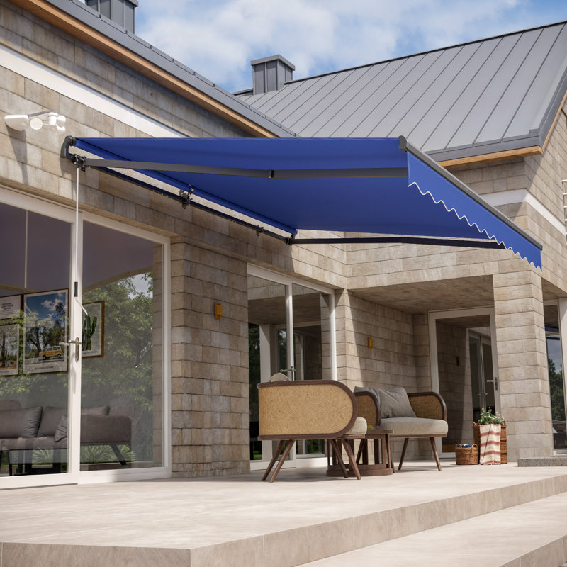 Motorized Retractable Awning with Wind/Sun Sensor, Remote Control and LED Light, Blue, Solid Color, 1" H x 168" W x 120" D