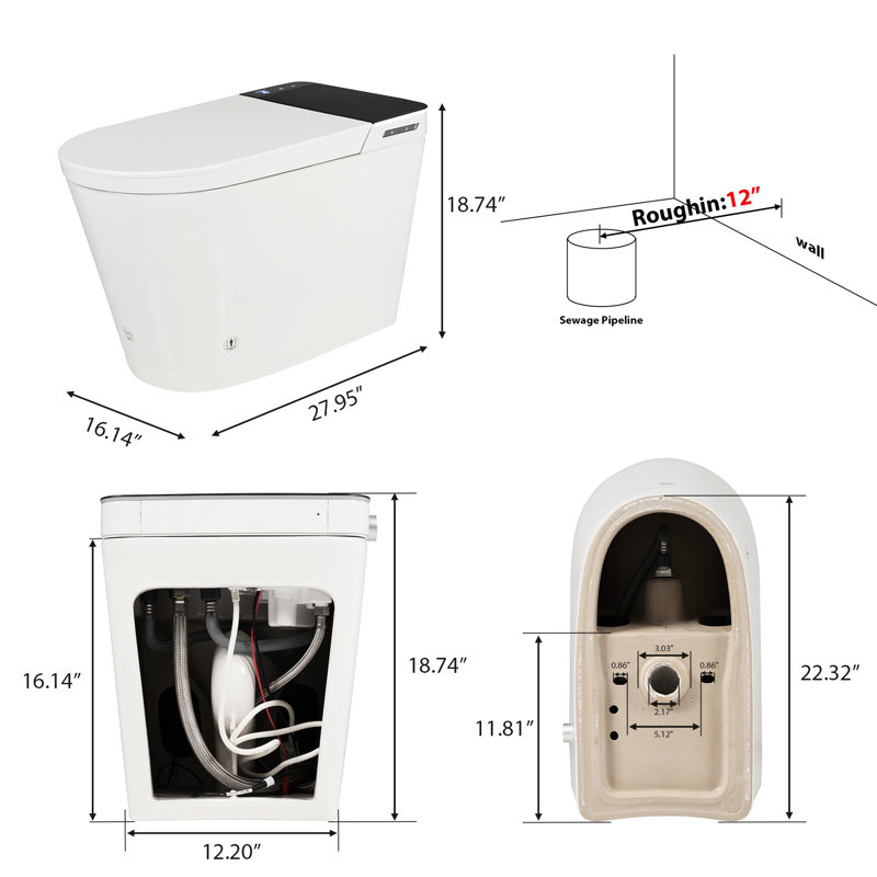 Automatic Bidet Toilet, Heated Seat, Warm Water Cleaning And Drying, Foot Sensor Operation, Led Screen, Remote - Controlled, White Appearance. Four Level Radar Sensing, Multiple Washing Modes, 5