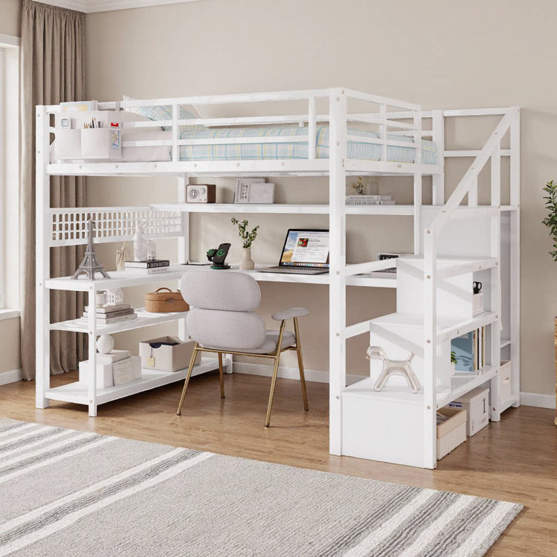 Lit mezzanine double avec rangement pour escalier, garde-robe intégré et lumières DEL AVELOR - Comprend un bureau d'étude et une station de recharge