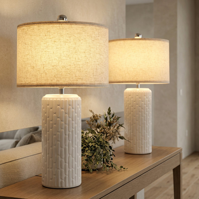 Lampe de table 21 po moderne en céramique texturée avec abat-jour en lin, Blanc, crème