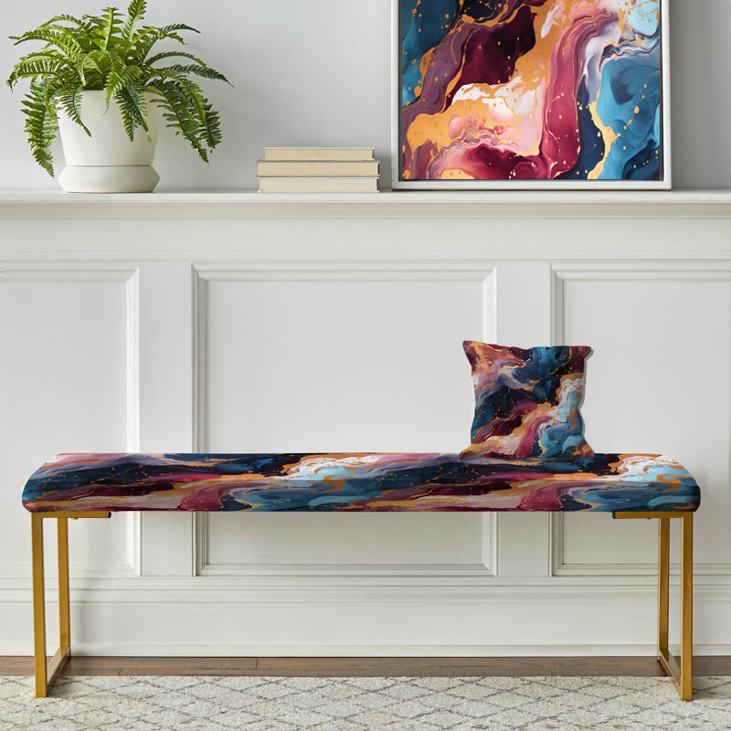Marble Upholstered Gold Bench, Navy/Burgundy