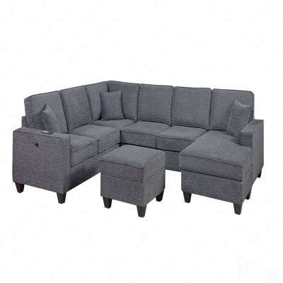 Contemporary Style 5Pc Sectional Set Left Arm Loveseat With Usb Port Corner Wedges Ottoman Armless Chairs Right Arm Loveseat With Chaise Slate Gray Finish Primary Living Room