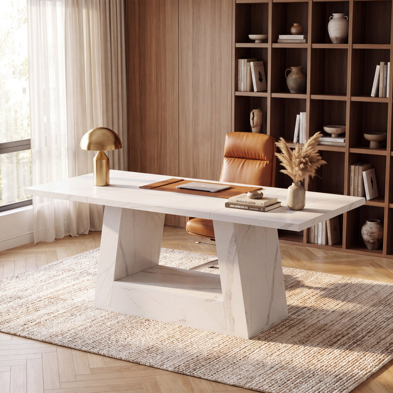 63" Modern Executive Desk With Sturdy Base, White