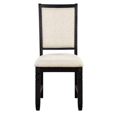 2 chaises de salle à manger, finition en bois noir, revêtement texturé beige, 2 chaises de pièce transitionnelles en tissu, structure en bois, style