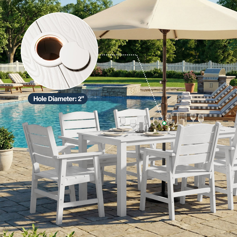 Patio Table 67" Rectangle Outdoor HIPS Dining Table All-Weather Patio Dining Table for 6 Person with Umbrella Hole for Backyard Garden Deck Poolside, White